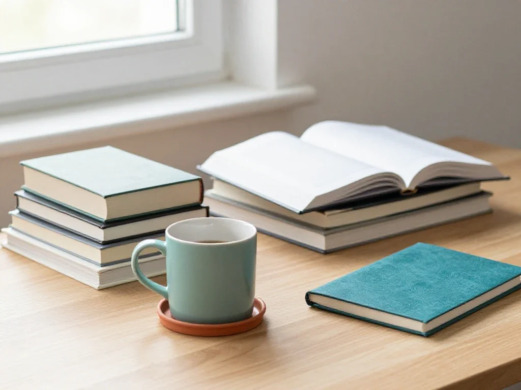 Bureau lumineux avec livres et tasse de thé illustrant un savoir accessible sans jargon.