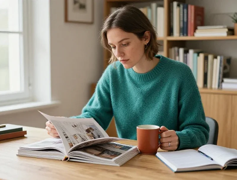 Une femme explore des articles variés pour illustrer la richesse d'un blog généraliste.