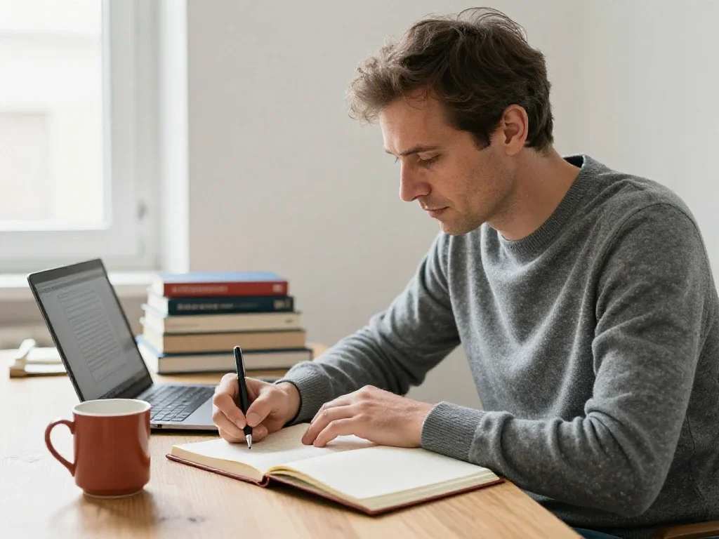 Un homme prend des notes manuscrites pour synthétiser des informations complexes de façon simple.