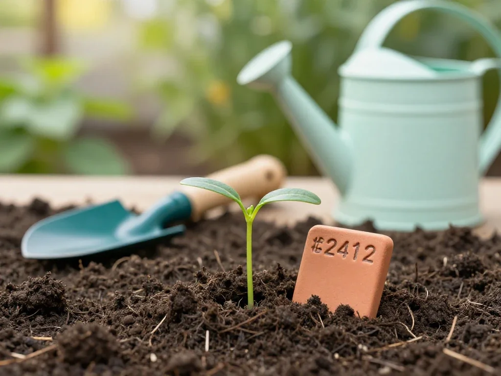 Jeune pousse s'épanouissant dans un potager, symbolisant l'apprentissage simple et la croissance sans complexité.