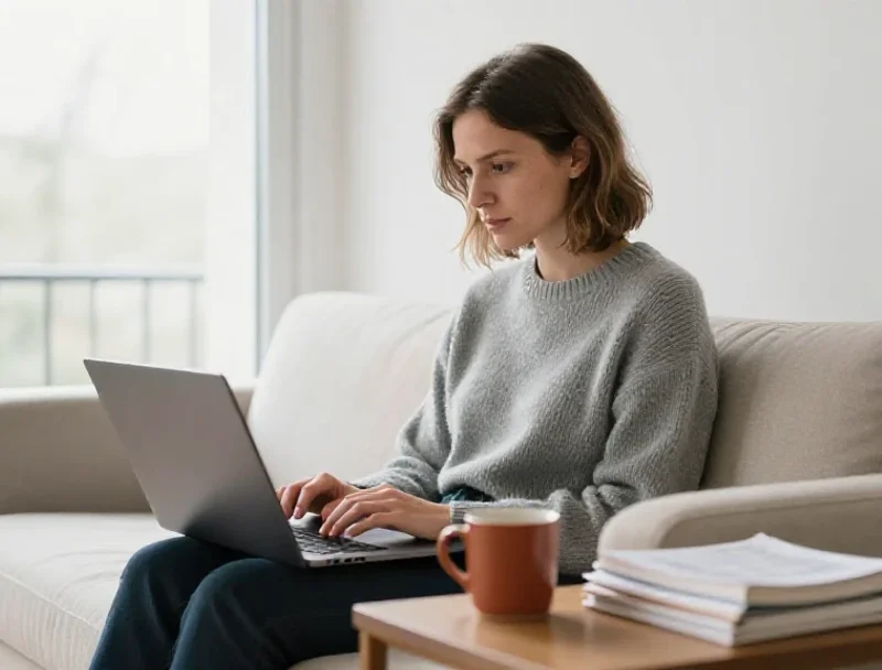 Une rédactrice française de type européen écrit un article pour son blog généraliste.